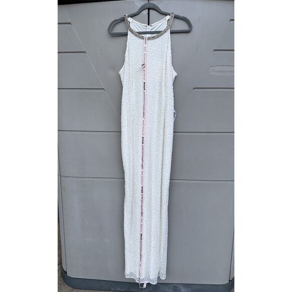 Mac Duggal Beaded Halter Neck Column Sheath Gown Sleeveless White Bridal Sz 14 - Picture 2 of 16